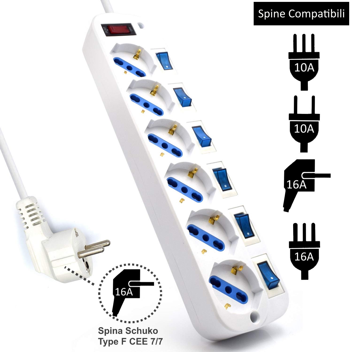 Multipresa a 6 Posti, Ciabatta Elettrica con 6 Prese Italiane e Schuko/Tedesche - Spina Schuko/Tedesca- Potenza 250V/2500W - Cavo da 3 Metri, Prese Angolate a 45° (Confezione da 2)