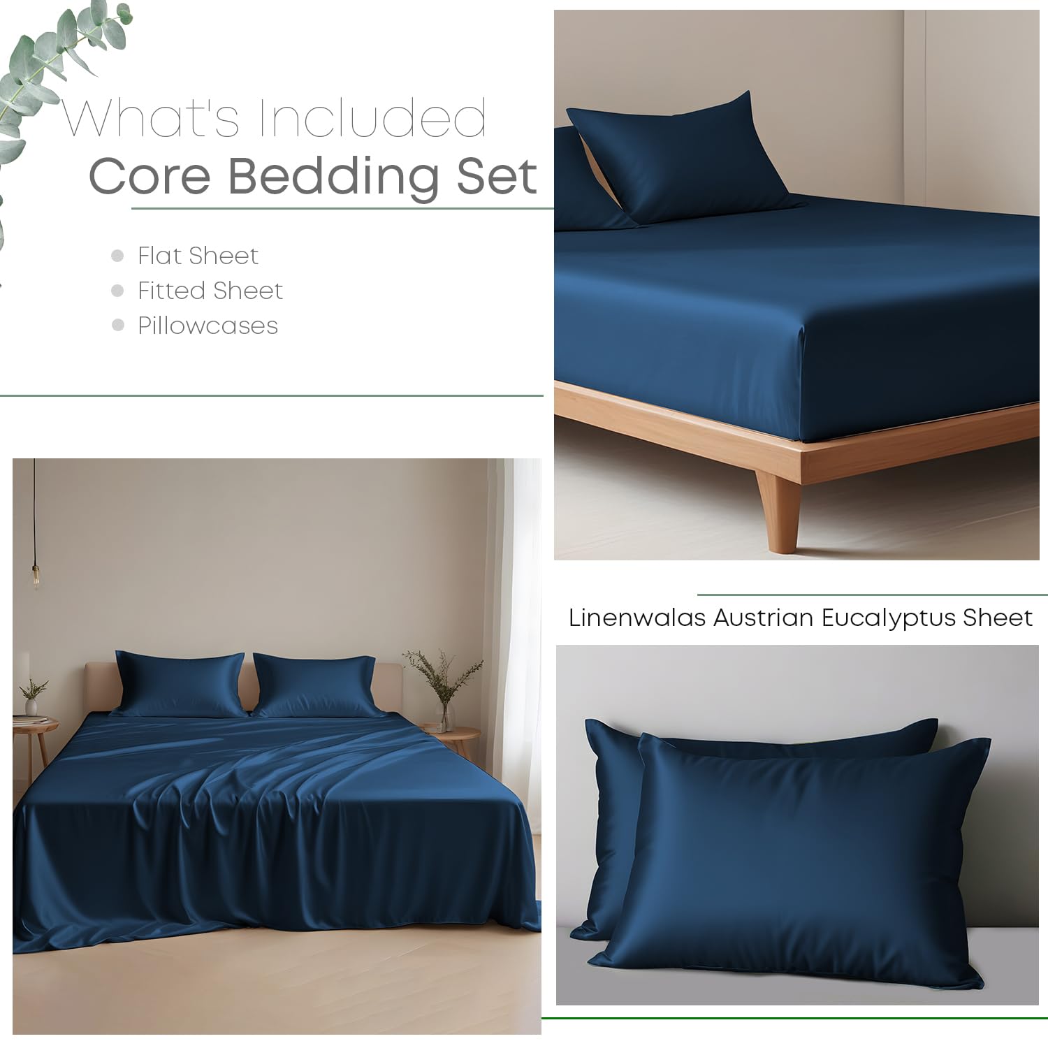 Juego de sábanas 100% Eucalyptus Tencel de LINENWALAS, ropa de cama de lyocell refrescante, transpirable natural, antialérgica, juego de 4 piezas (azul marino, doble)