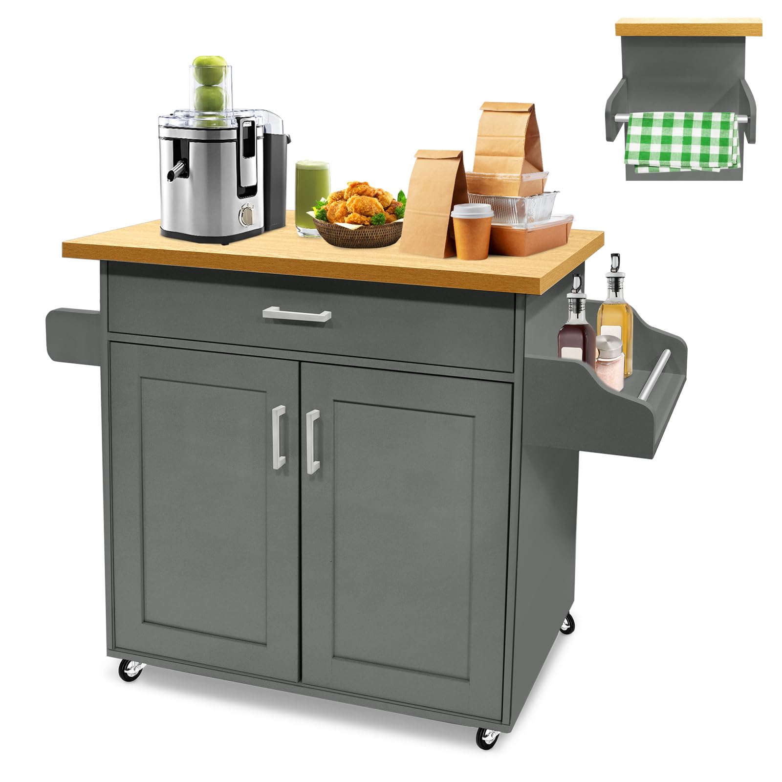 LZQ Küchenwagen Küchenschrank mit Arbeitsplatte Bewegliche Kücheninsel Küchen Wagen Rollbar, Rollwagen küche, servierwagen 115x36x90cm Grau