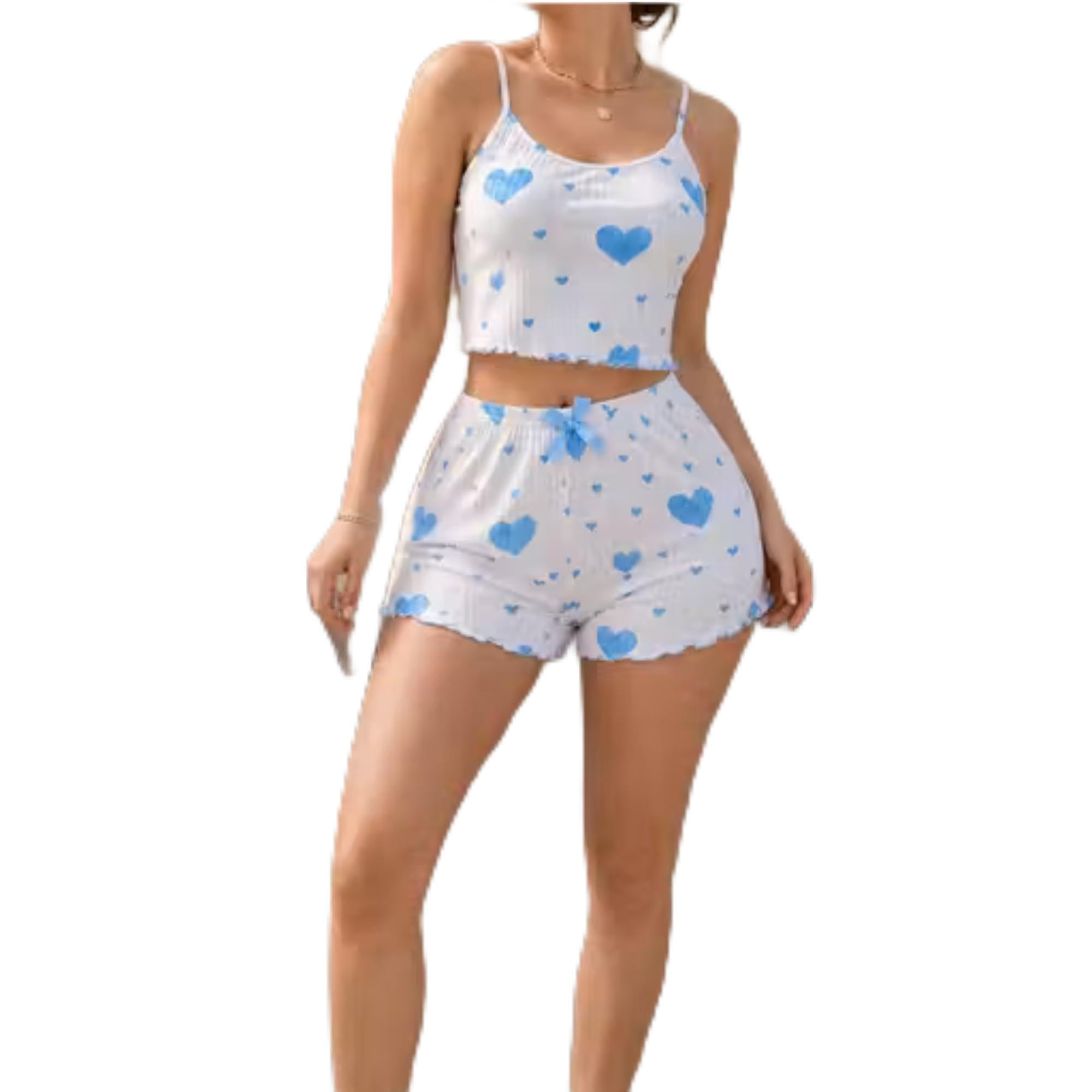 FigureFlex Women’s Cotton Stretchable Nightwear Set | White & Blue Heart Print Sleeveless Top and Shorts Pajama Set | Soft Lounge Wear for Women & Girls (Sky Blue)-image-10