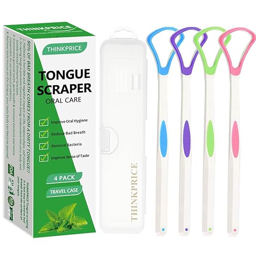 Tongue Scraper Cleaner 100% BPA Free Tongue Scrapers with Travel Handy Case for Adults, Kids, Healthy Oral Care, Easy to Use, Help Fight Bad Breath (4 PACK)