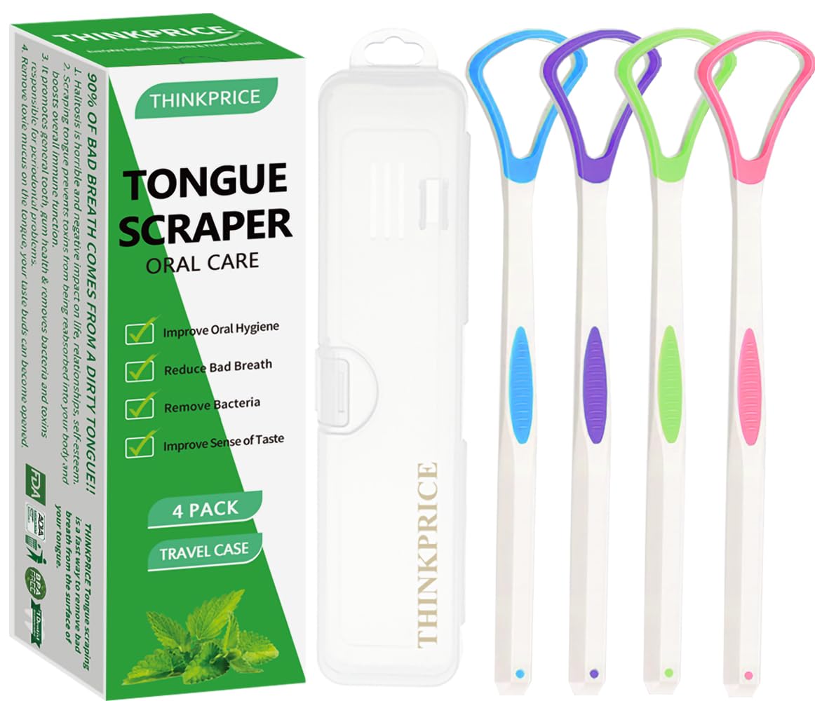 Tongue Scraper Cleaner 100% BPA Free Tongue Scrapers with Travel Handy Case for Adults, Kids, Healthy Oral Care, Easy to Use, Help Fight Bad Breath (4 PACK)