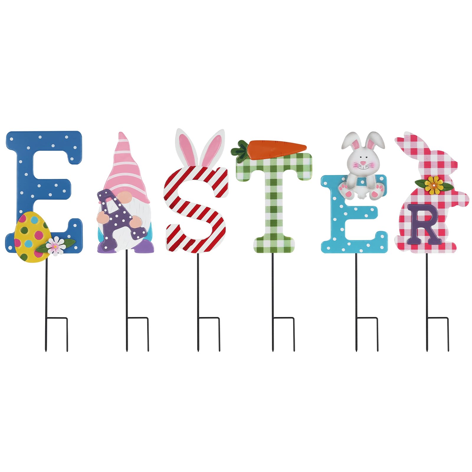 YEAHOME Easter Decorations Outdoor, Set of 6 Easter Spelling Letters Decorative Garden Stakes for Easter Decor, Spring Metal Colorful Yard Sign for Home Outside Garden Porch Lawn Backyard Decorations