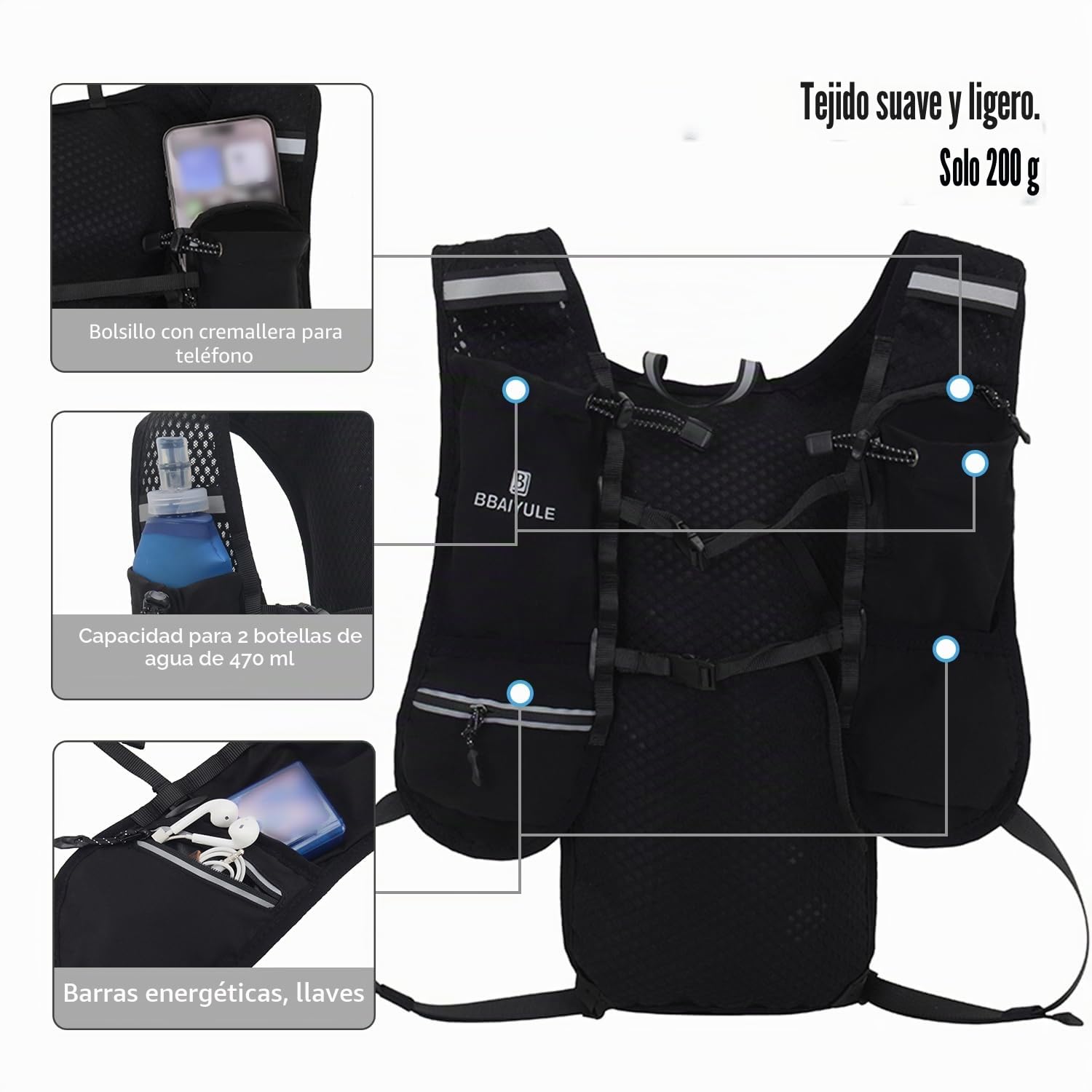 Mochila de hidratación con bolsa de hidratación y botella blanda, chaleco para correr para mujer y hombre, mochila ultraligera, mochila para ciclismo, trailrunning