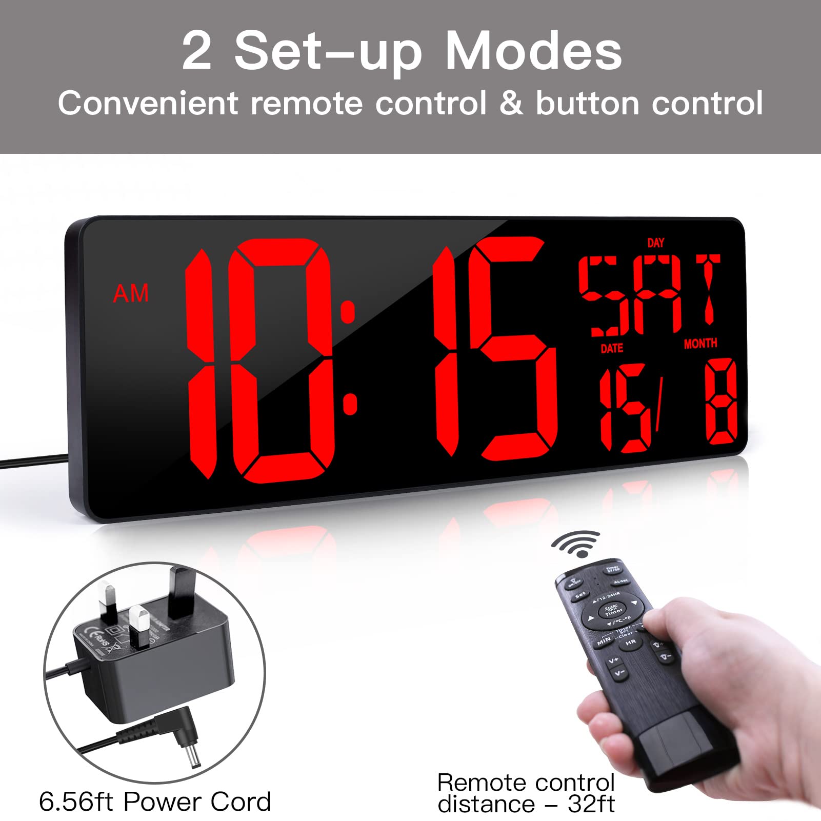 XREXS Digital Wall Clock with Remote Control, 16.5 Inch LED Digital