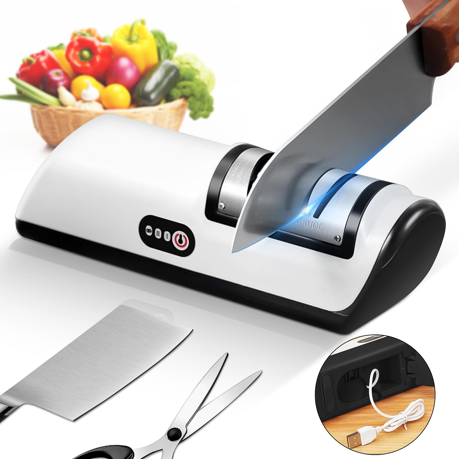 Electric Knife Sharpener, Cordless Rechargeable Knife Sharpener with Diamonds for Steel Knives and Fruit Knife, 2 Stage Automatic Knife Sharpening Helps Restore & Polish Blades Quickly