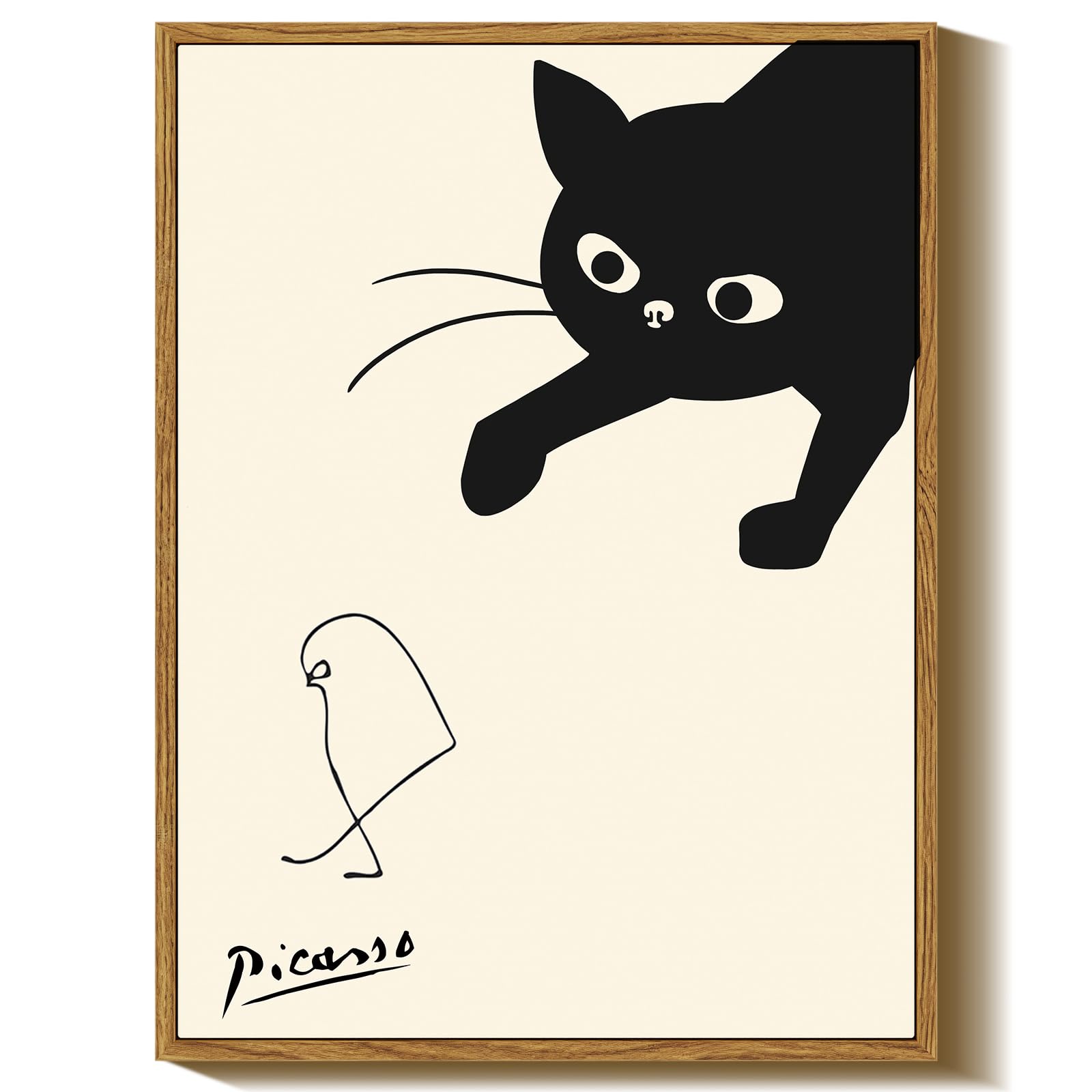 RINTO アートパネル ネコの絵 ピカソ ポスター おしゃれ 絵画 猫 キャンバス インテリア 動物 モダン フレーム付き スタンド付き 壁掛け 部屋飾り モノクロ 白黒 玄関 額付きの完成品 木目調 30x40cm
