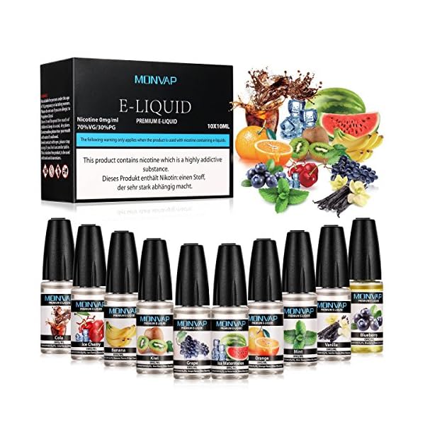 E Liquids ohne Nikotin, E-liquid 10 x 10ml, E-Zigaretten Liquid Set 70VG/30PG, E-Juice Nikotinfrei, 0,0 mg Nikotin 10er…