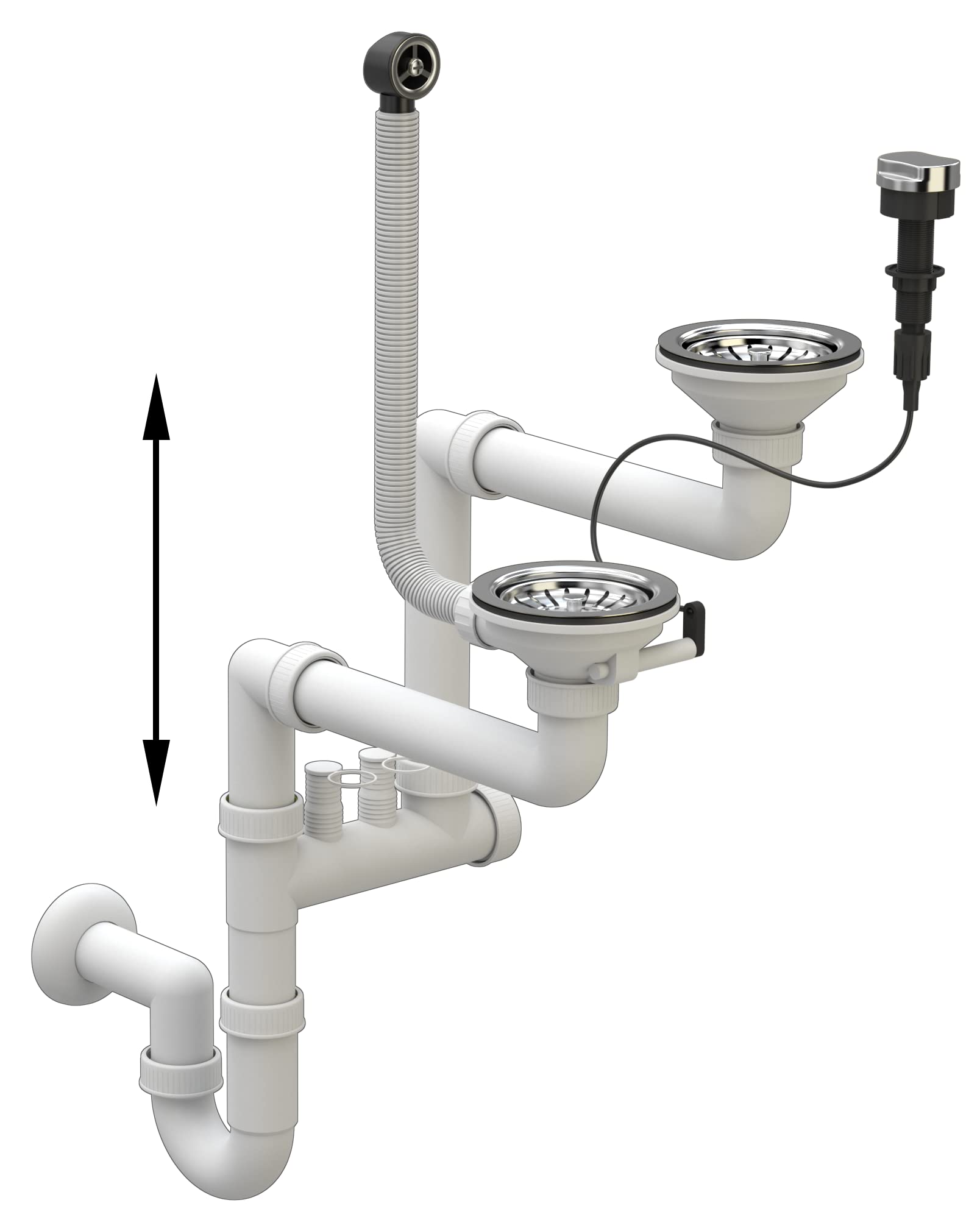 Siphon double raccord peu encombrant - Bonde d'évier de cuisine - Kit avec raccord pour lave-vaisselle - Diamètre : 115 mm - Bonde pour 2 bacs avec bouchons automatiques - Chromé Granitan