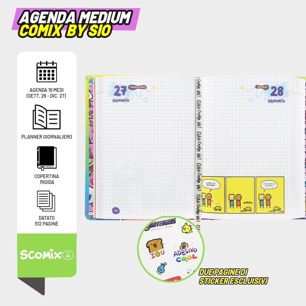 COMIX Scomix by Sio - Agenda Giornaliera 16 Mesi, Diario 2026-2027 per Scuola Elementare e Media, con Copertina Rigida e Colorata, 512 Pagine a Colori, per Bambini e Ragazzi, 12x16.5 cm