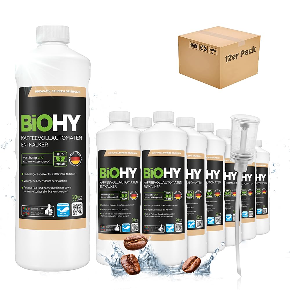 BiOHY Descalcificador de cafetera (12 botellas de 1 litro) + Dosificador | Ideal para descalcificar todas las cafeteras y máquinas de espresso | Apto para todas las marcas conocidas (Kaffee Entkalker)
