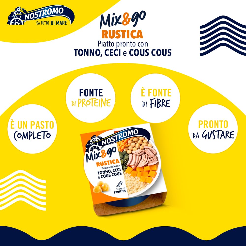 Nostromo Mix&Go Rustico - Piatto Pronto con Tonno, Ceci, Cous Cous - Gusto Mediterraneo e Veloce - Confezione da 12x190g