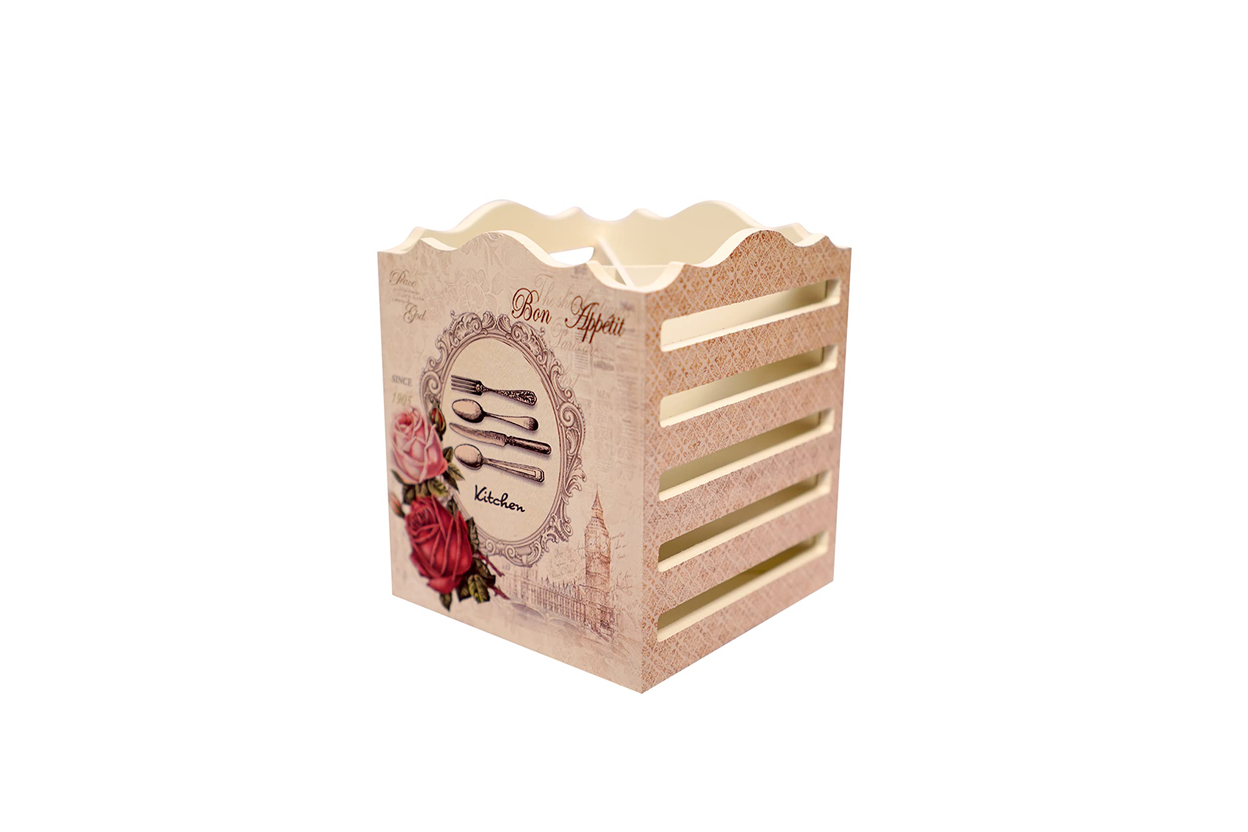 Home and More Jagat Singh and Sons Cutlery Holder Red Wooden Floral || 4 Partitions