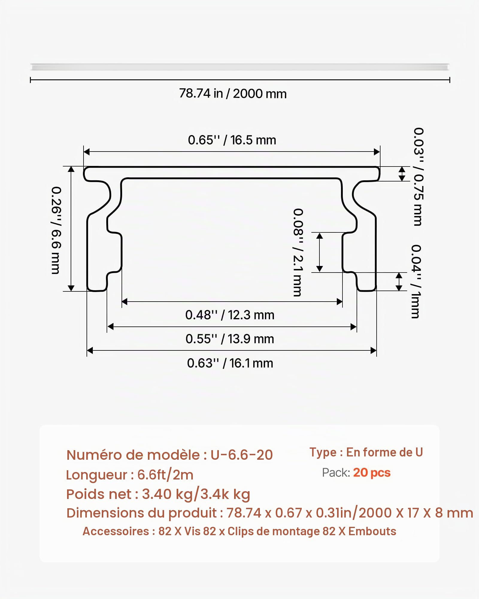 VEVOR Profilé Aluminium LED en U 2 m Lot de 20 Canal LED pour Ruban Lumineux Éclairage sous Meuble Cuisine, avec Diffuseur en PC Blanc Laiteux, Clips de Fixation et Embouts, Aluminium Anodisé Argent