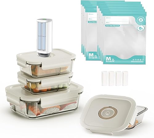 Miniatura 9 de Recipientes de vidrio con sellado al vacío para almacenamiento de alimentos, juego de 3 recipientes selladores de vidrio de borosilicato y 10 bolsas