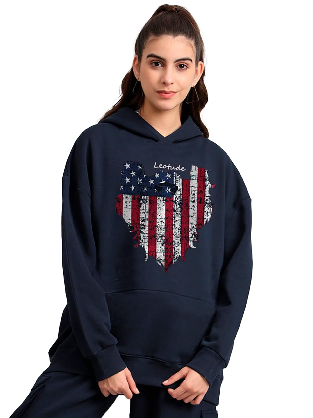 leotude Women's Knit Oversized Round Neck Hooded Sweatshirt (Color Navy)-picture-24