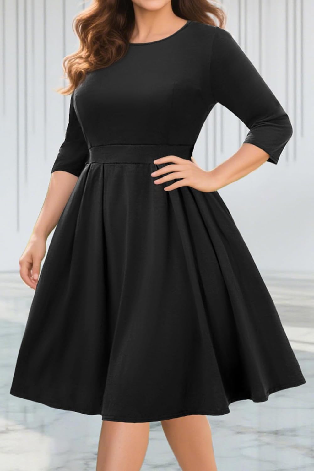 Pinup Fashion Plus Size Work Dresses - Fall Church Office Semi Formal Fit and Flare Midi Dress with Pockets - Image 5