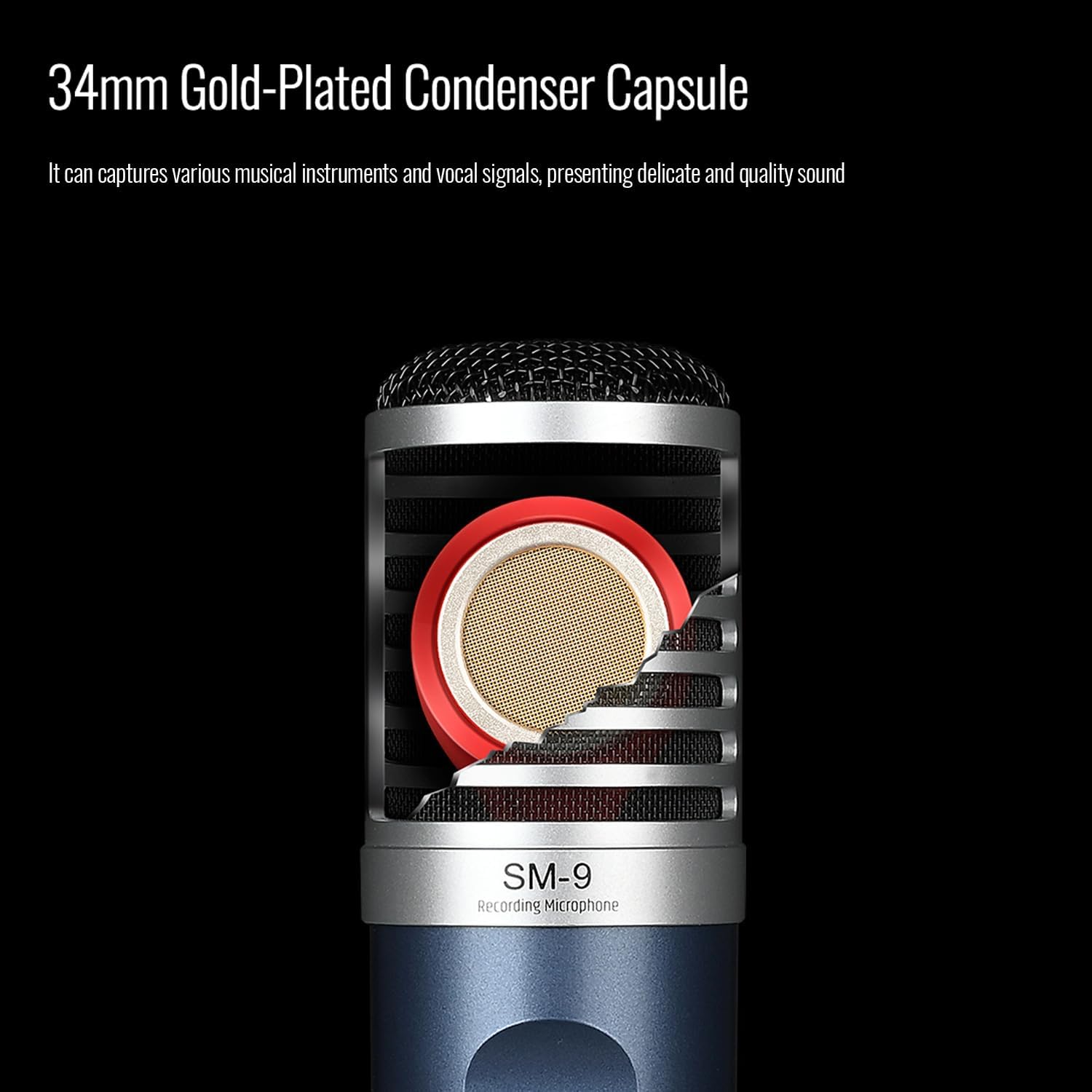TAKSTAR XLR Cardioid Condenser Microphone, 34mm Large Diaphragm Professional Recording Microphone with Shock Mount Perfect for Studio/Podcasting/Live-Streaming/Vocal/Instrument Recording, SM-9