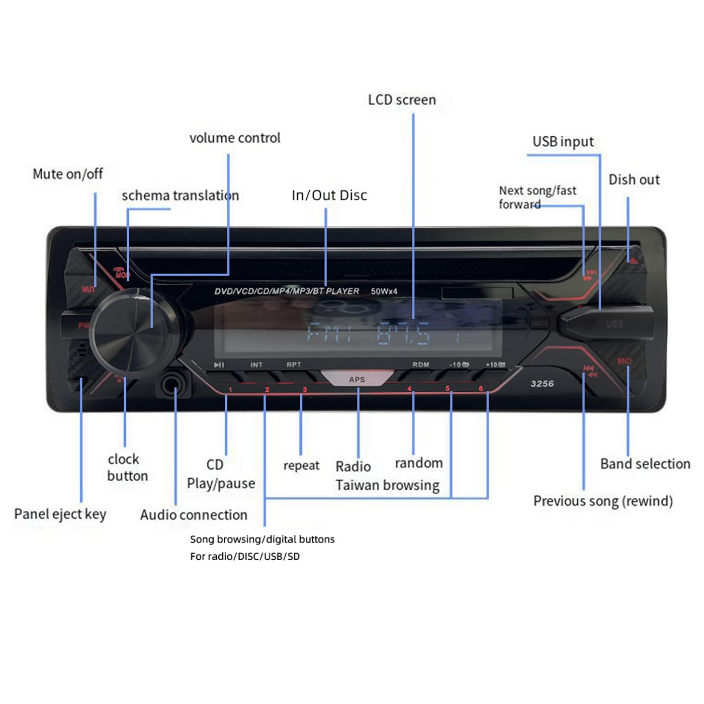 Radio de Coche 1 DIN Bluetooth MP3 estéreo Panel Desmontable Autoradio FM AUX IN USB Tarjeta SD DVD CD Reproductor de música