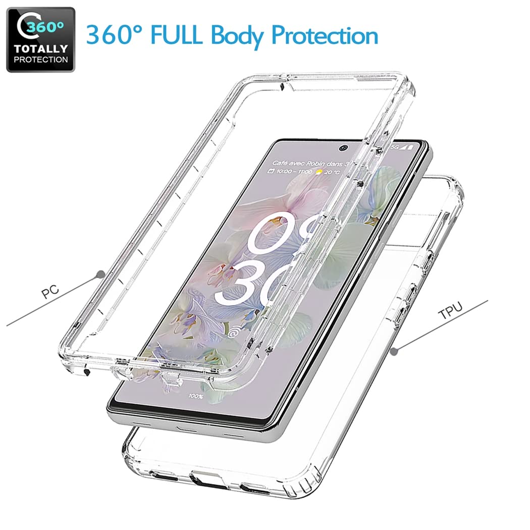 Crystal Clear Google Pixel 6A Case With Tempered Glass Protector | Full Body Hybrid PC+TPU Cover & Bumper