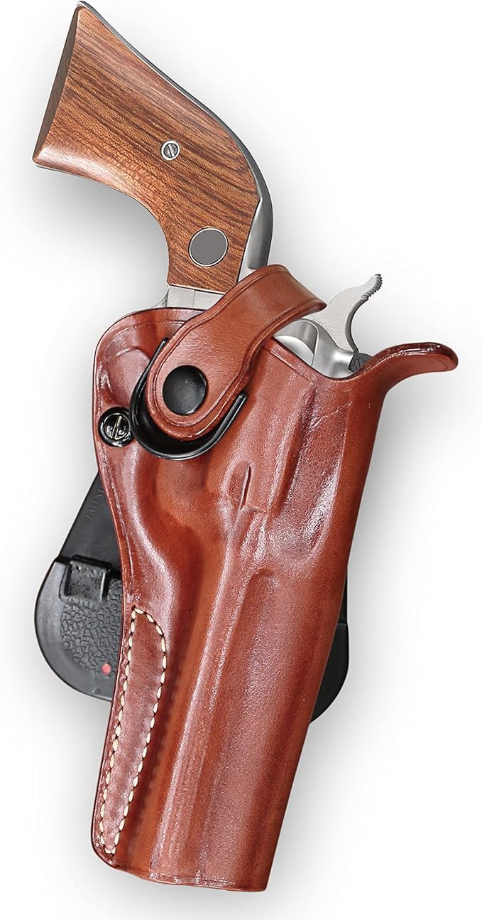 Masc Premium Leather OWB Paddle Holster with Retention Strap, Fits SAA Single Action 357 Magnum 3-3/4", 4-3/4", 5-1/2", R/H Draw Brown Color