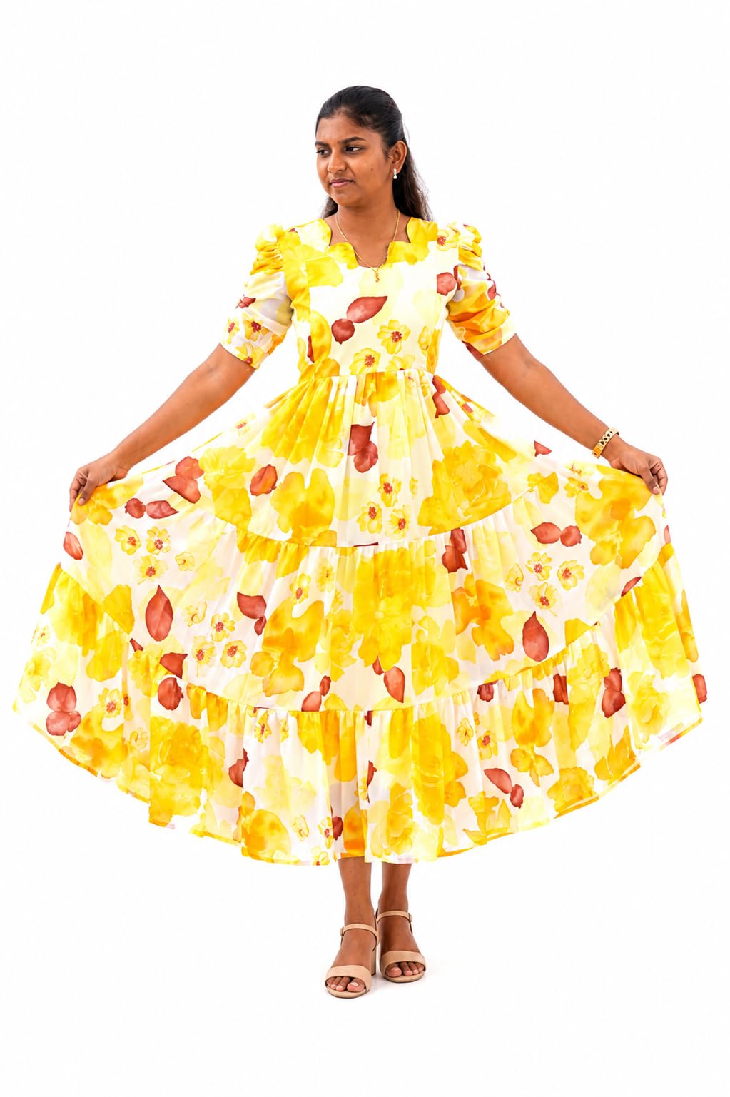 Women Feeding & Maternity Georgette Long Gown with Invisible Feeding Zip, 3 Tier Floral Dress-picture-43