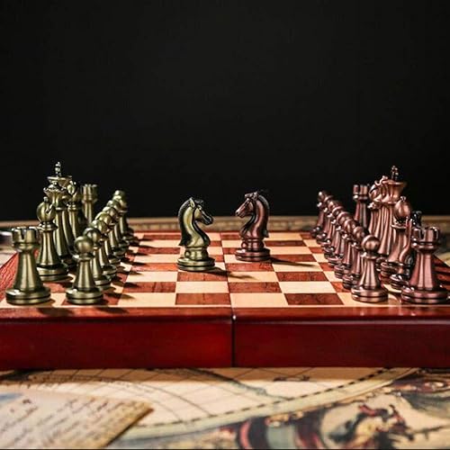 Miniatura 6 de Juego de ajedrez de metal, piezas de ajedrez de latón brillante y bronce, tablero de ajedrez plegable de madera maciza, juego de ajedrez profesional