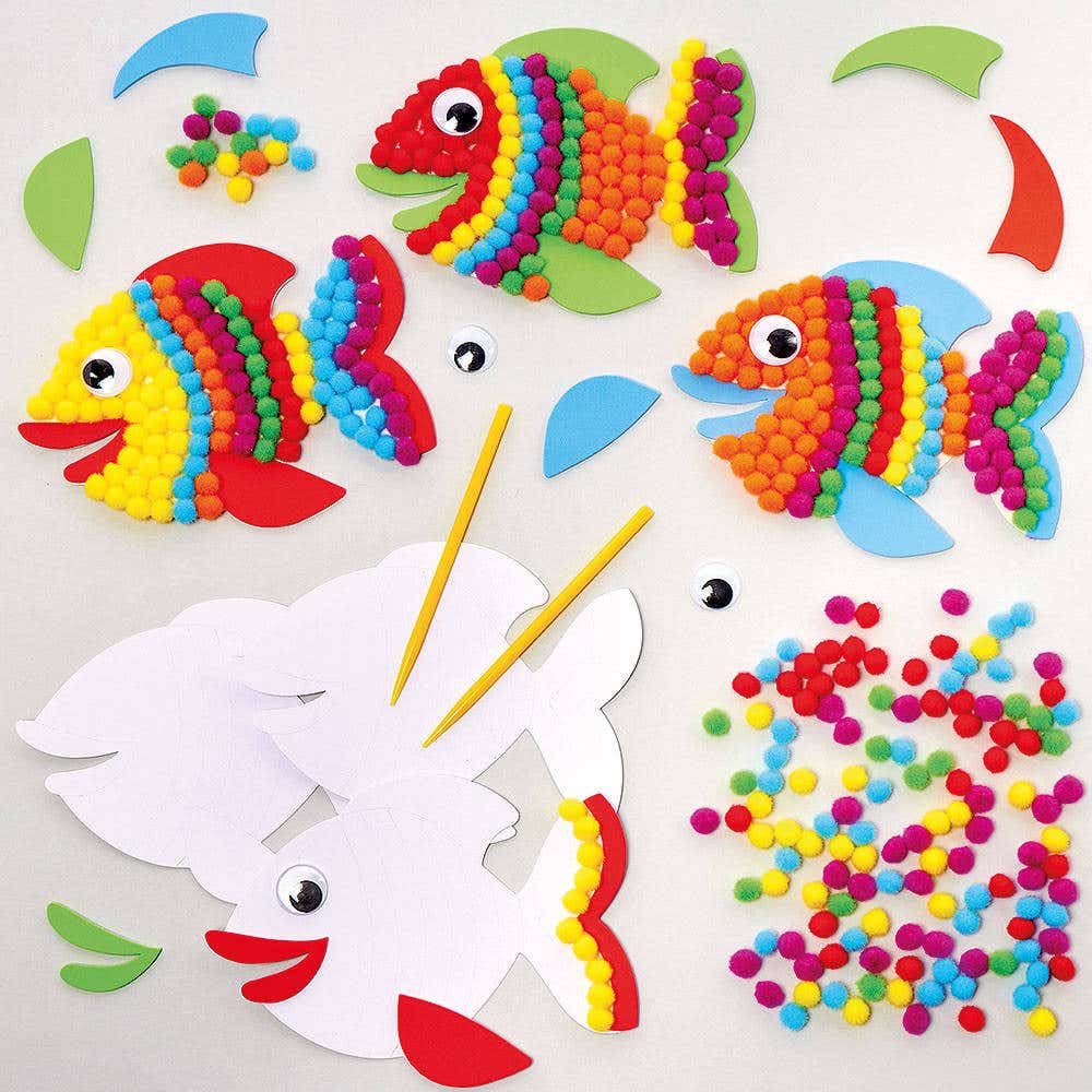 Baker Ross FC769 Rainbow Fish Pom Pom Art Kits - Packs of 5, Pom Pom Arts and Crafts Kit for Kids