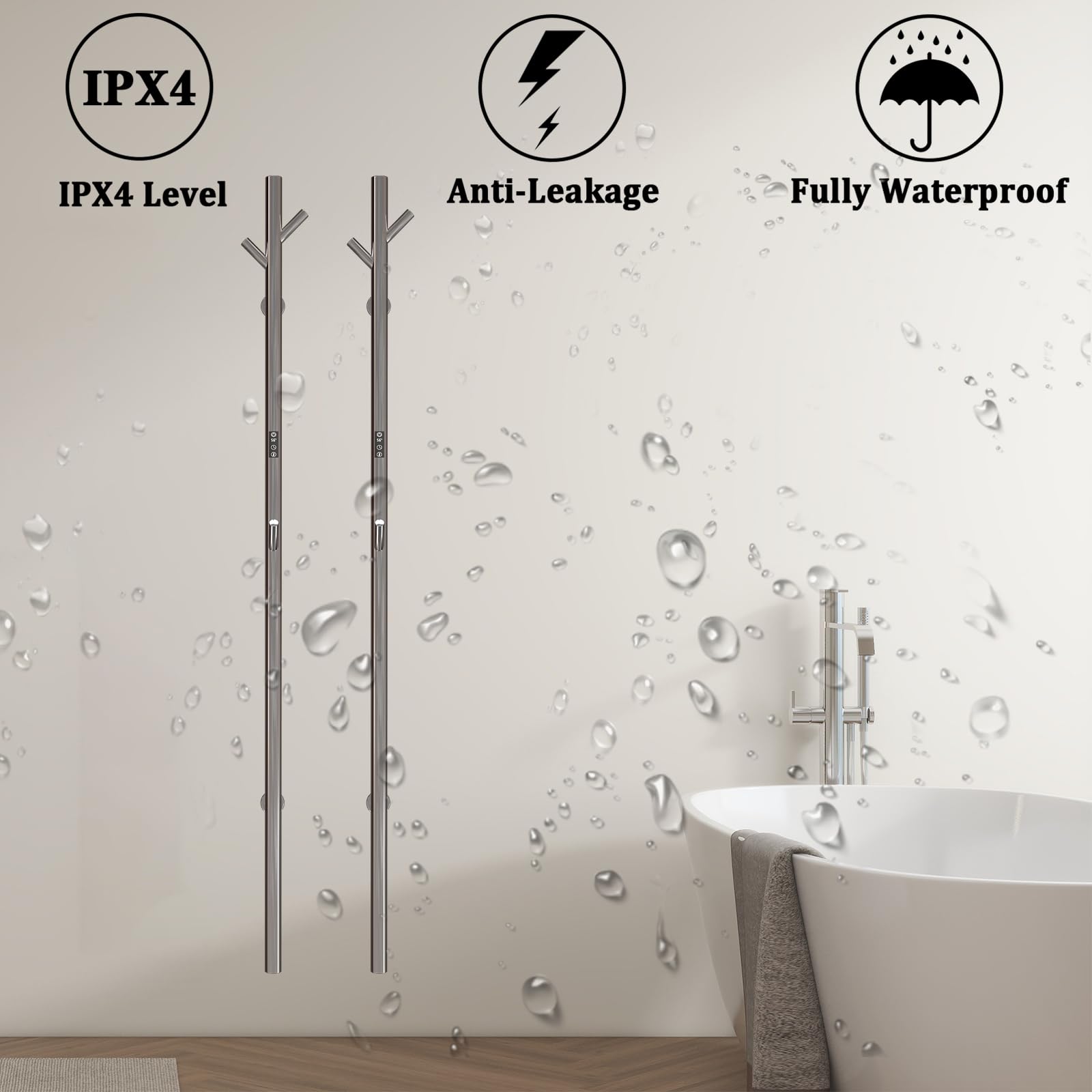 ESOP Sèche-Serviette Électrique Chromé, 30 W Chauffe-Serviettes 1525×65mm WiFi Intelligent Porte-Serviettes Chauffant Électrique Mural Commande Tactile à LED Radiateur de Salle de Bain avec 3 Patère