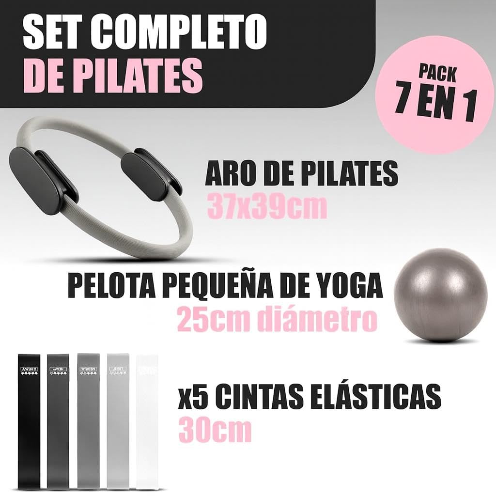 Kit Pilates a Casa: con cerchio, palla e fasce elastiche - Set completo di esercizi per fitness, yoga e muscolo - Accessori Pilates multifunzione colore grigio premium