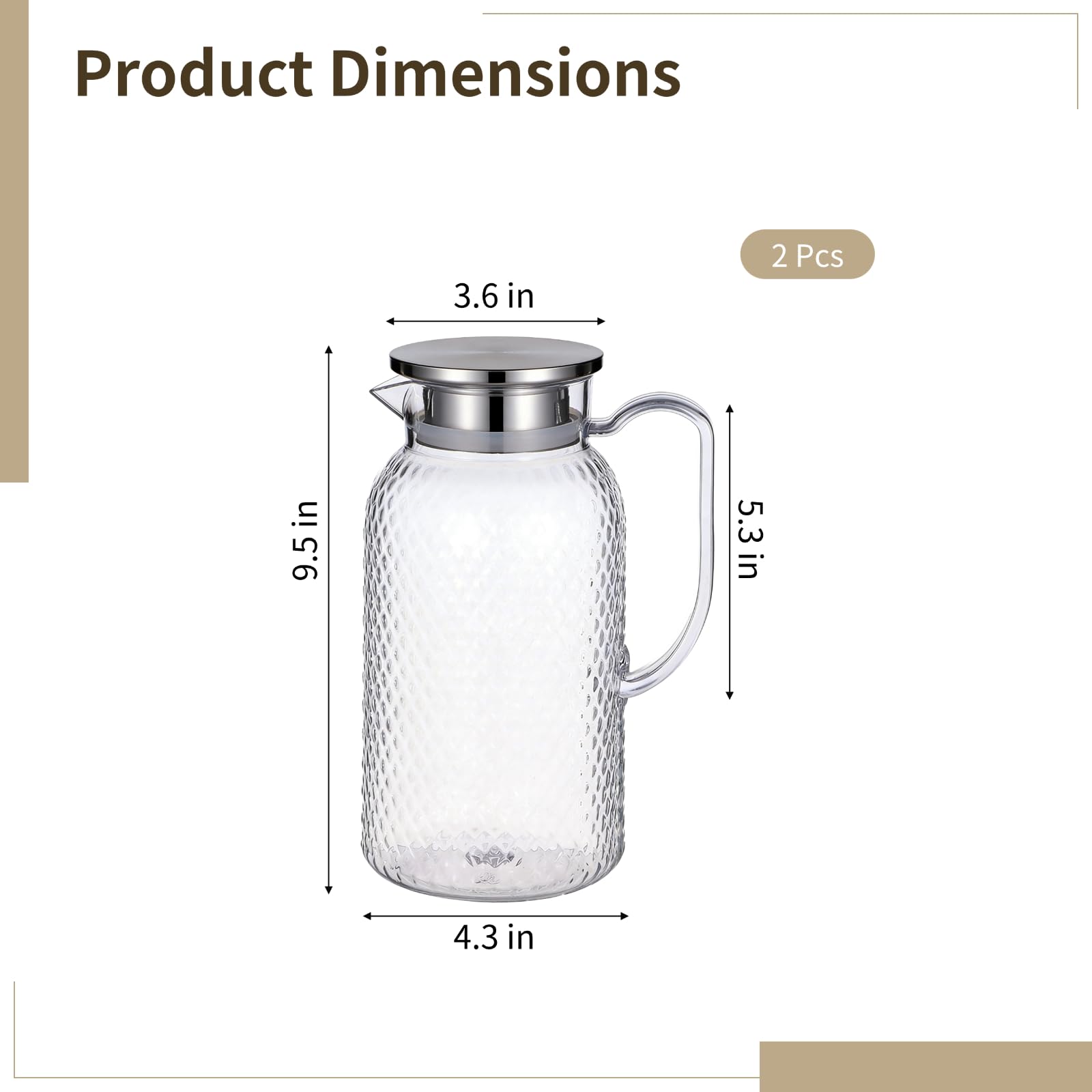 2 Stk. 1,8 L Wasserkaraffen, durchsichtiger Krug mit Edelstahldeckel und Siebeinsatz, Kühlschrank-Getränkekanne für Eistee Saft Sangria Limonade Kaffee, hitzebeständig mit ergonomischem Griff