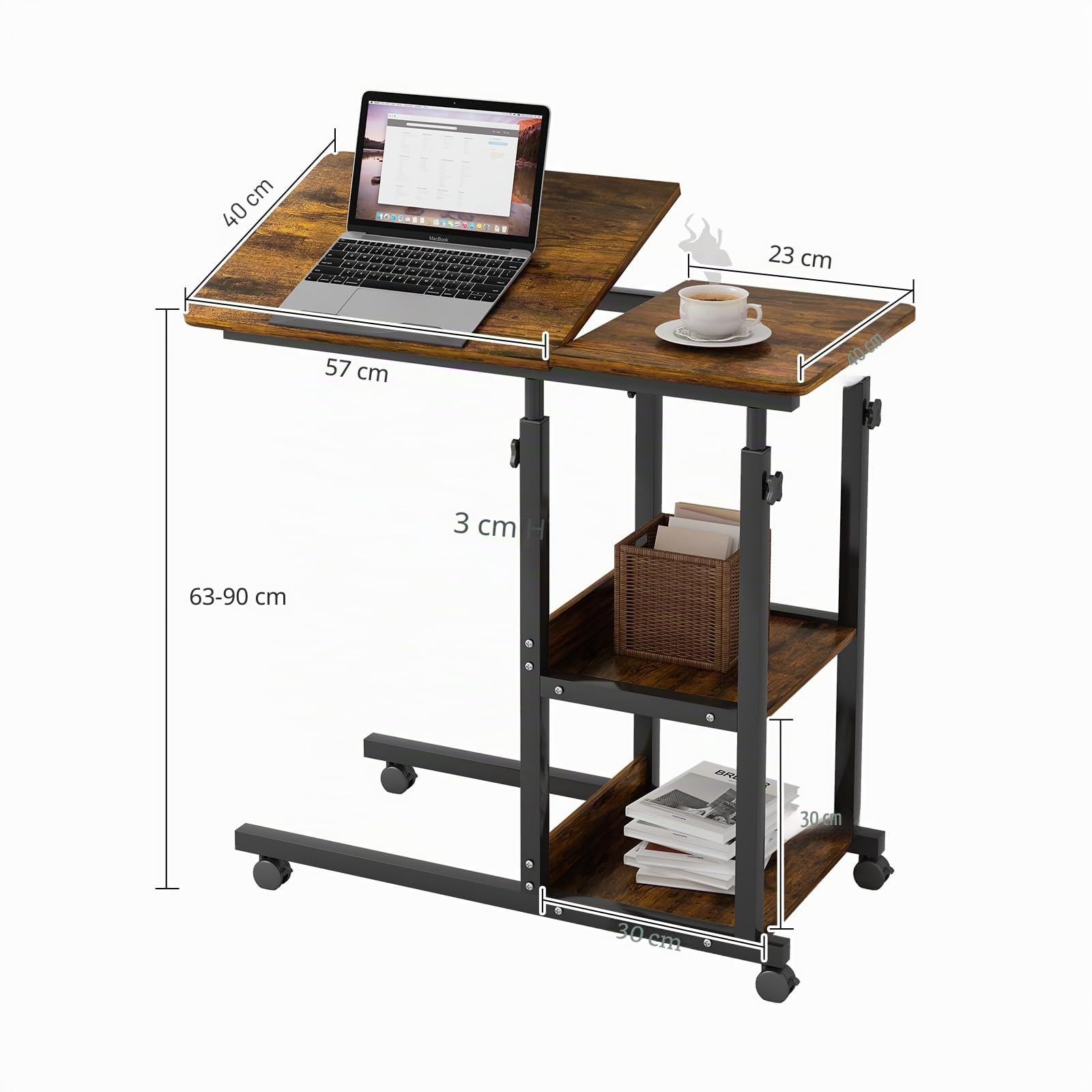 Mesa Auxiliar Con Ruedas - Regulable en Altura, para Ordenador Portátil, Escritorio Volteable, Mesita de Noche de Madera, Salón, Sofá en Forma de C