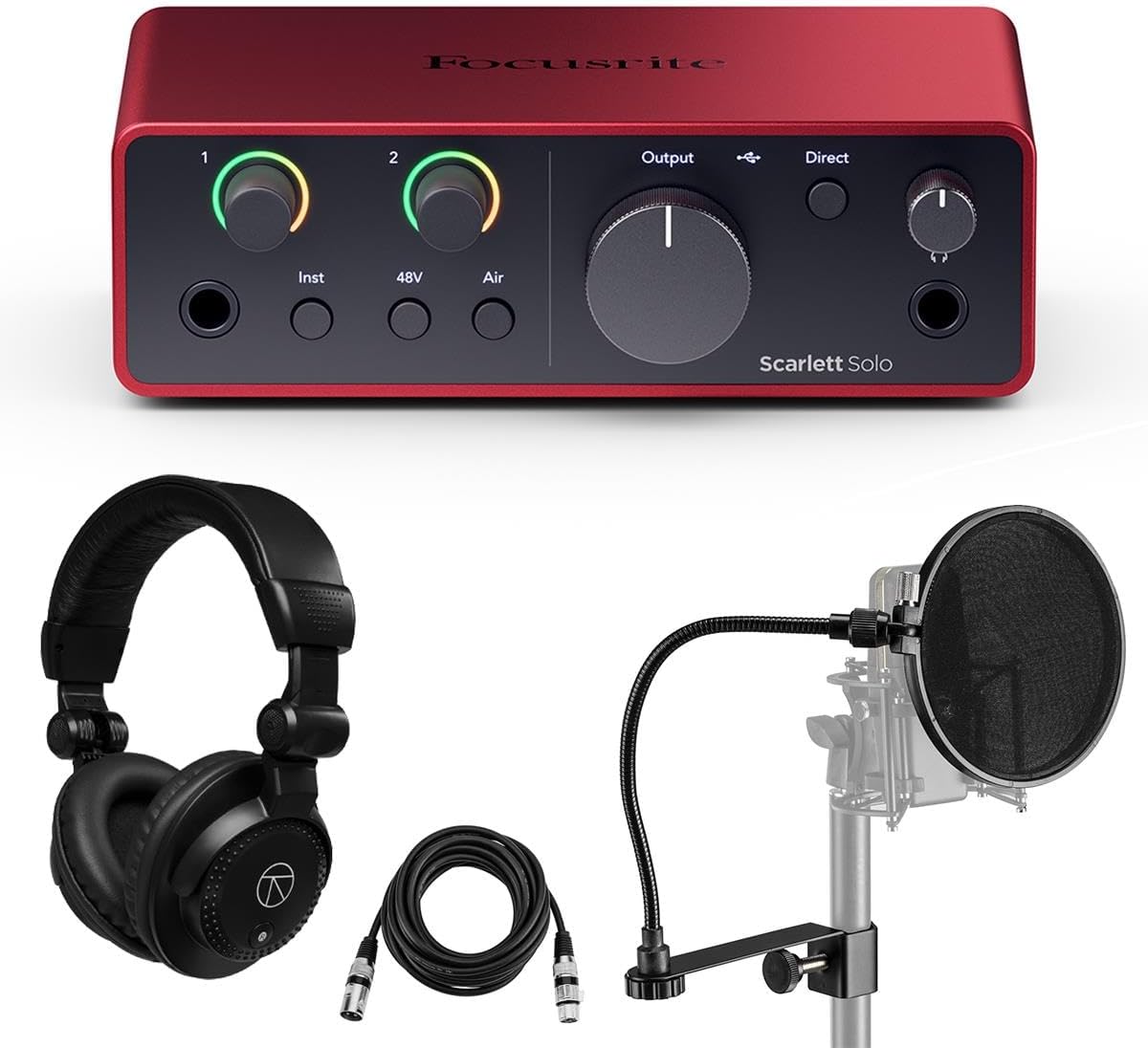 Scarlett Solo 4th Gen USB Audio Interface & Software, Bundle with Closed-Back Studio Monitor Headphones 6' XLR Microphone Cable and Pop Filter, For PC & MAC Recording and Podcast (4 Items)