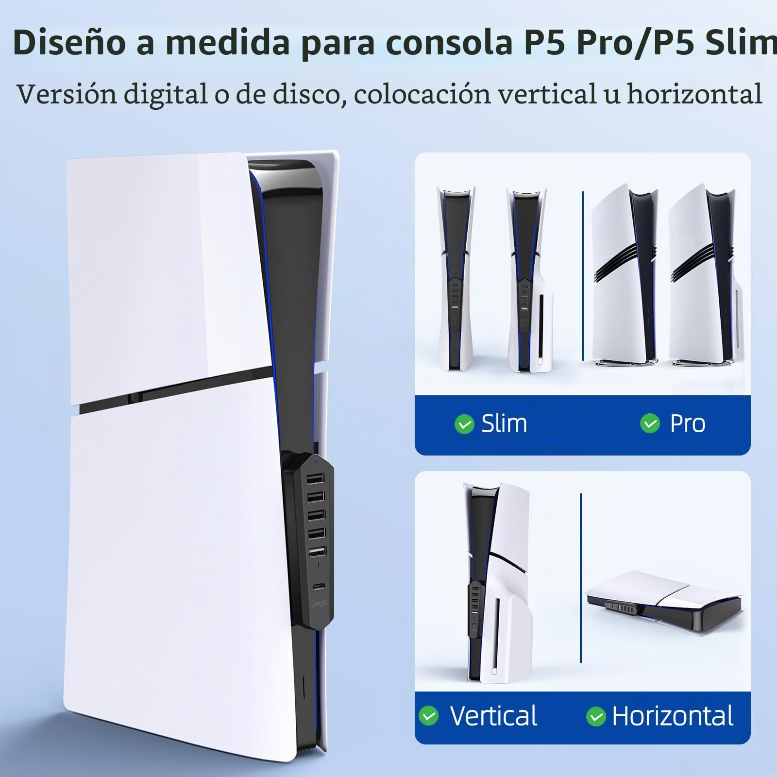 Hub USB 6 en 1 para PS5 Pro/Slim - Extensión de puerto USB de alta velocidad con 1 tipo C 3.0, 4 USB-A 2.0 y 1 puerto de carga, adaptador para consola de disco y digital