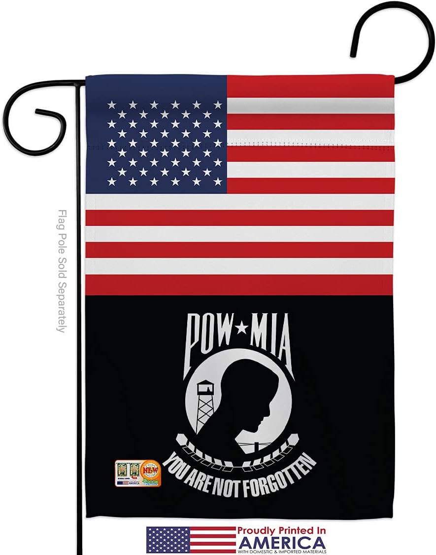 US POW MIA Garden Flag Set Wall Holder Armed Forces Vietnam WarUnited State American Military Veteran Official Small Decorative Gift Yard House Banner Made In USA 13 X 18.5