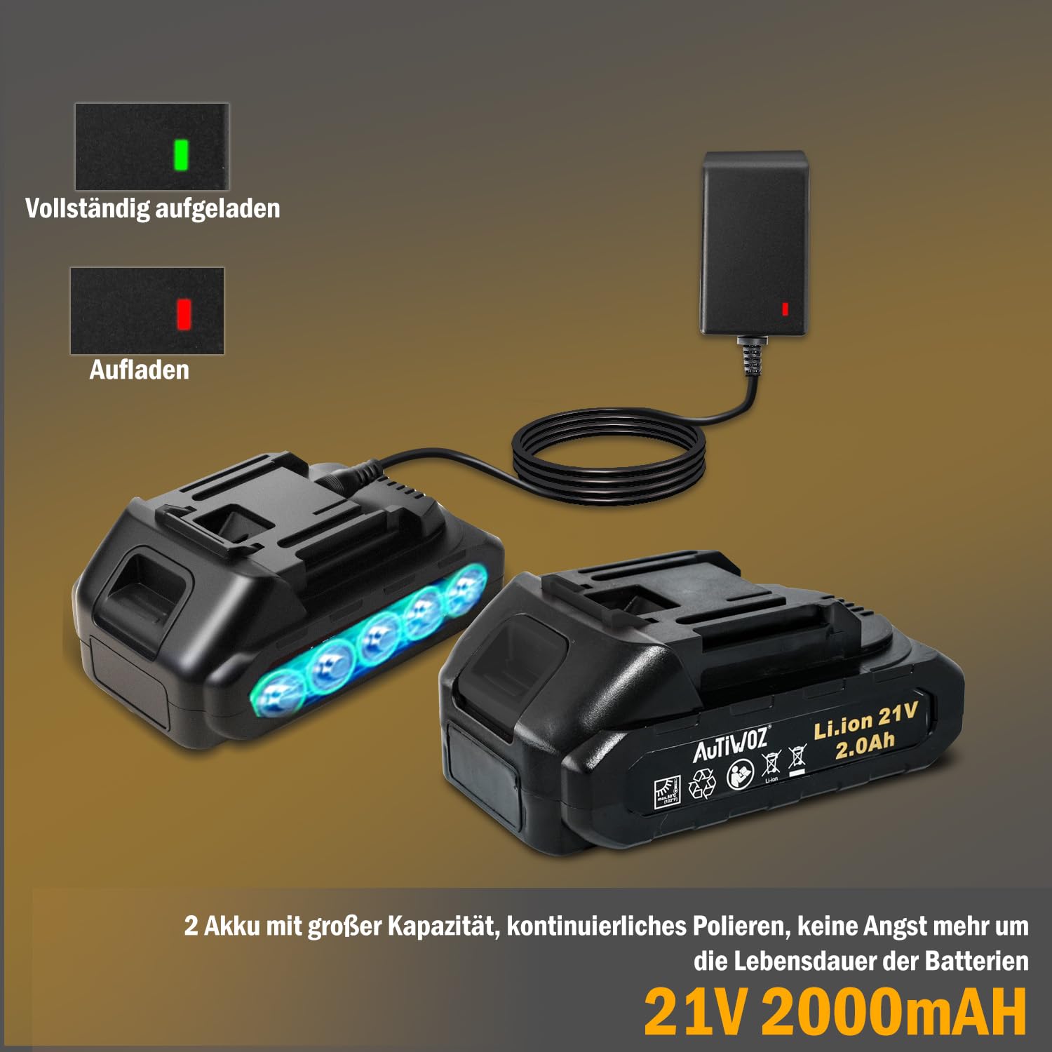 AUTIWOZ 21V Akku Poliermaschine Auto,Exzenterpolierer Orbit 9mm,Professionell Puffer/Polier mit 2 Batterien,6 Geschwindigkeit 2800-5800RPM,Polierte Polieren Auto Boot Motorrad,125mm Polierschwamm