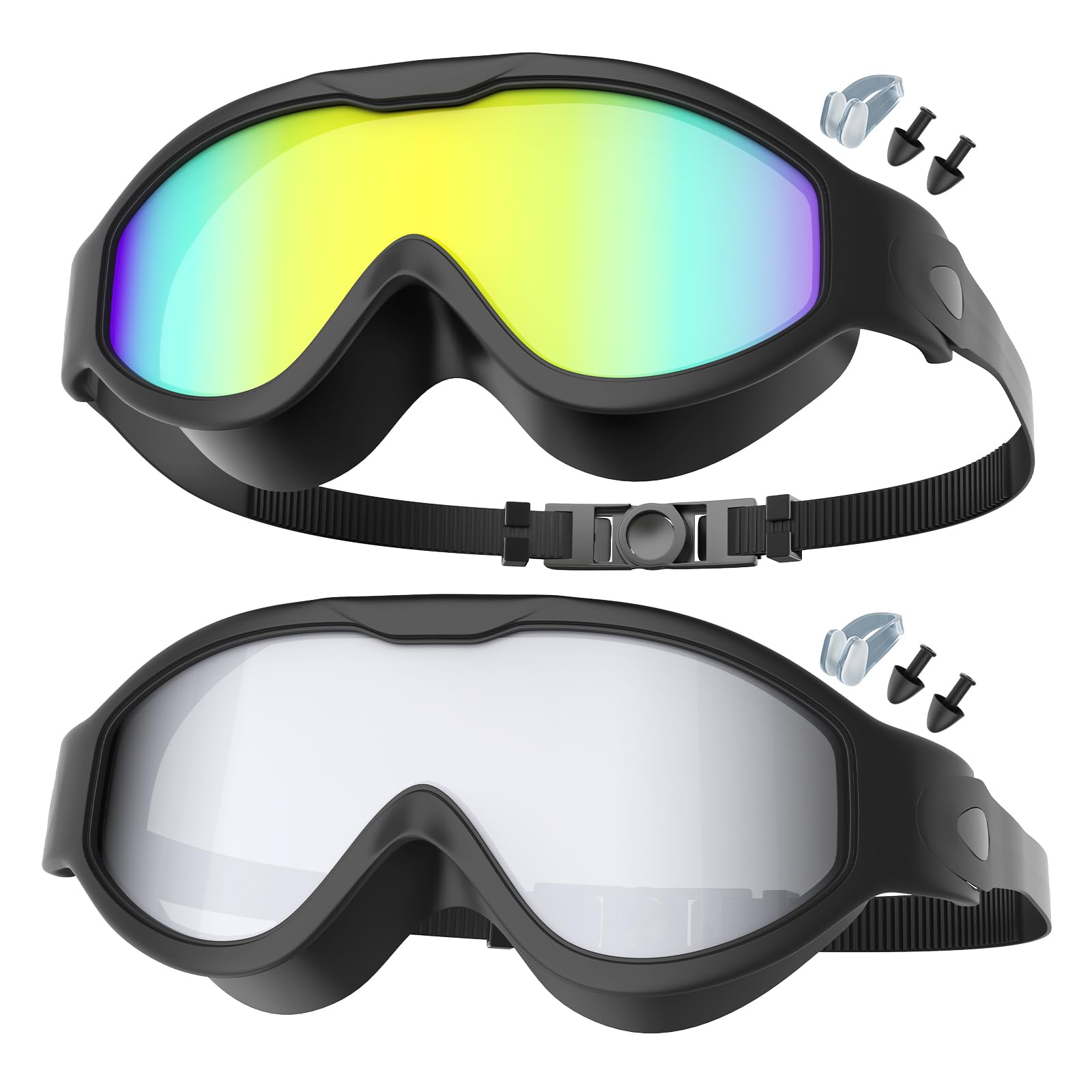 Yomisee Swimming Goggles 2 Pack, Swim Goggles with Nose Clip & Earplugs Anti Fog, No Leaking, Clear Wide Vision for Adult Women Men (Blue+Silver)
