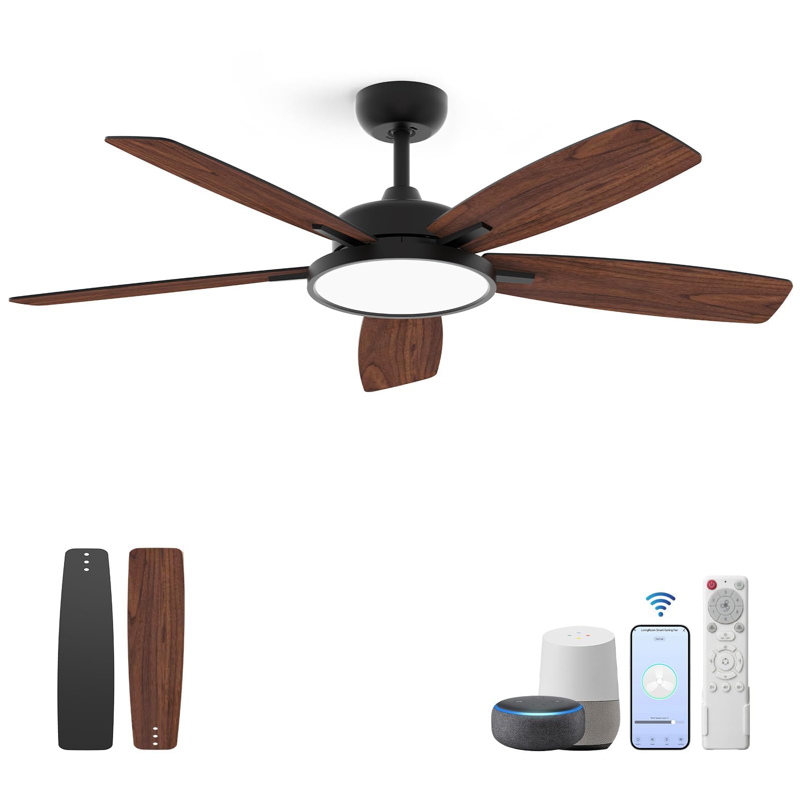 Taloya Smart Deckenventilator mit Licht und Fernbedienung, Moderne Dimmbare LED Beleuchtung, App Control, 132 cm, Schwarz, Leise DC Motor, 6 Geschwindigkeiten, Timer, für Schlafzimmer Esszimmer