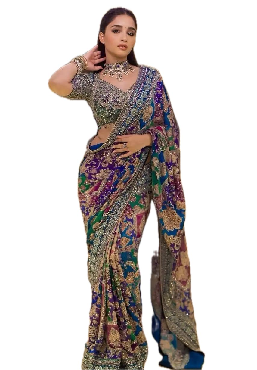 vinayak textile Women's Blue Green Pink Multicolored Ajrak Digital Prined Real Mirror And Latkan Worked Saree With Blouse-picture-36