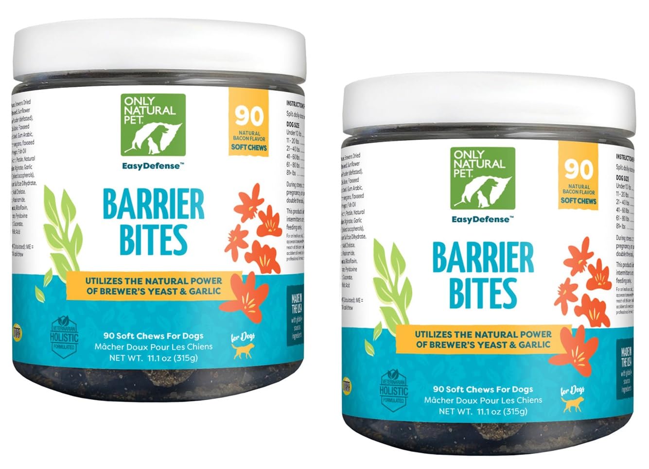 Only Natural Pet EasyDefense Barrier Bites Soft Flea Chews for Dogs - First Line of Defense Againts Fleas & Ticks, Boosts Immune System and Healthy Skin & Coat - (90 Bacon Flavored Soft Chews) 2 Pack