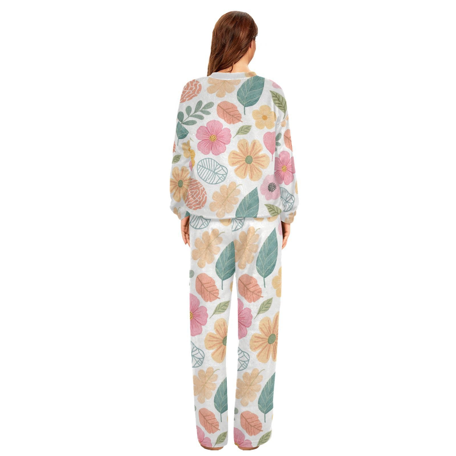 Set pigiama da donna in pile colorato con fiori retrò e pantaloni a maniche lunghe