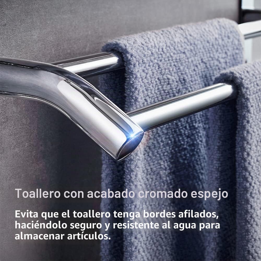 Toallero cromado de acero inoxidable con estante y ganchos, barra de toalla de baño de 59 cm, toallero para baño, cocina, inodoro