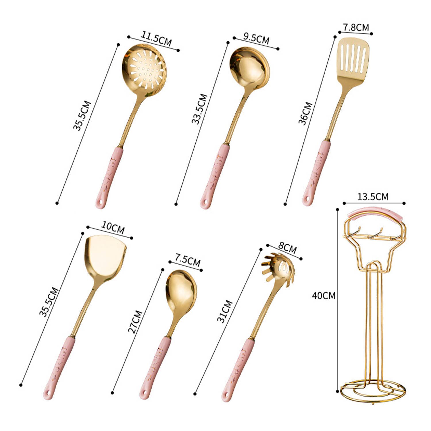 Luxe Ensemble D'ustensiles de Cuisine 7 Pcs Acier Inoxydable Ustensiles de Cuisine Poignée en Céramique avec Support Spatule Louche Cuillère de Service Serveur de Pâtes