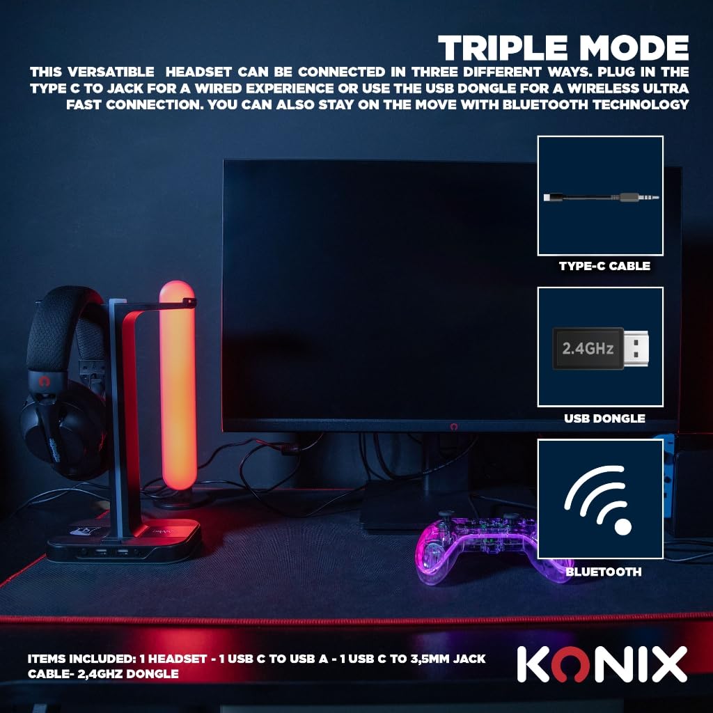 Konix Auriculares Gaming ultraligeros Pulsar de 180 g para PC - Altavoces de 40 mm - Micrófono - Conexión Bluetooth/Cable Tipo-C/dongle USB - Negro