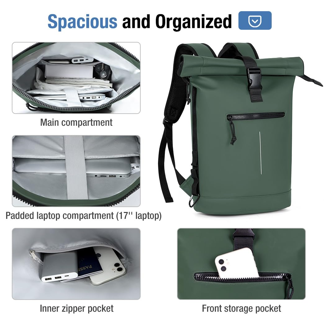 Lekeinchi Zaino Rolltop Uomo Donna Porta PC 17 Pollici | Zaino Impermeabile Uomo Donna - Rains Zaino con Strisce Riflettenti - Zaino da Viaggio Espandibile - Casual Lavoro Università - Verde