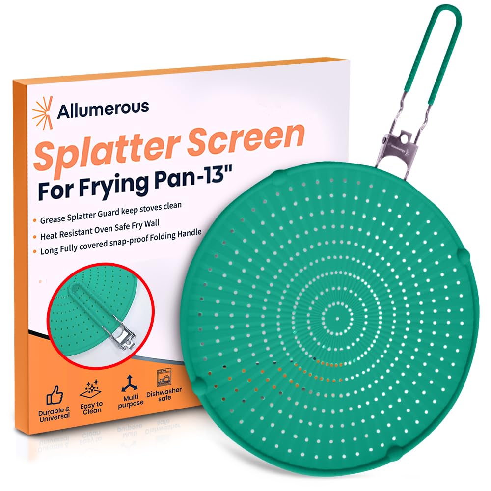 silicone splatter screen for frying pan  green 1334  foldable heatproof handle with sleeves  compact oven safe fry wall  versatile grease splatter guard  oil splash guard for cooking and baking