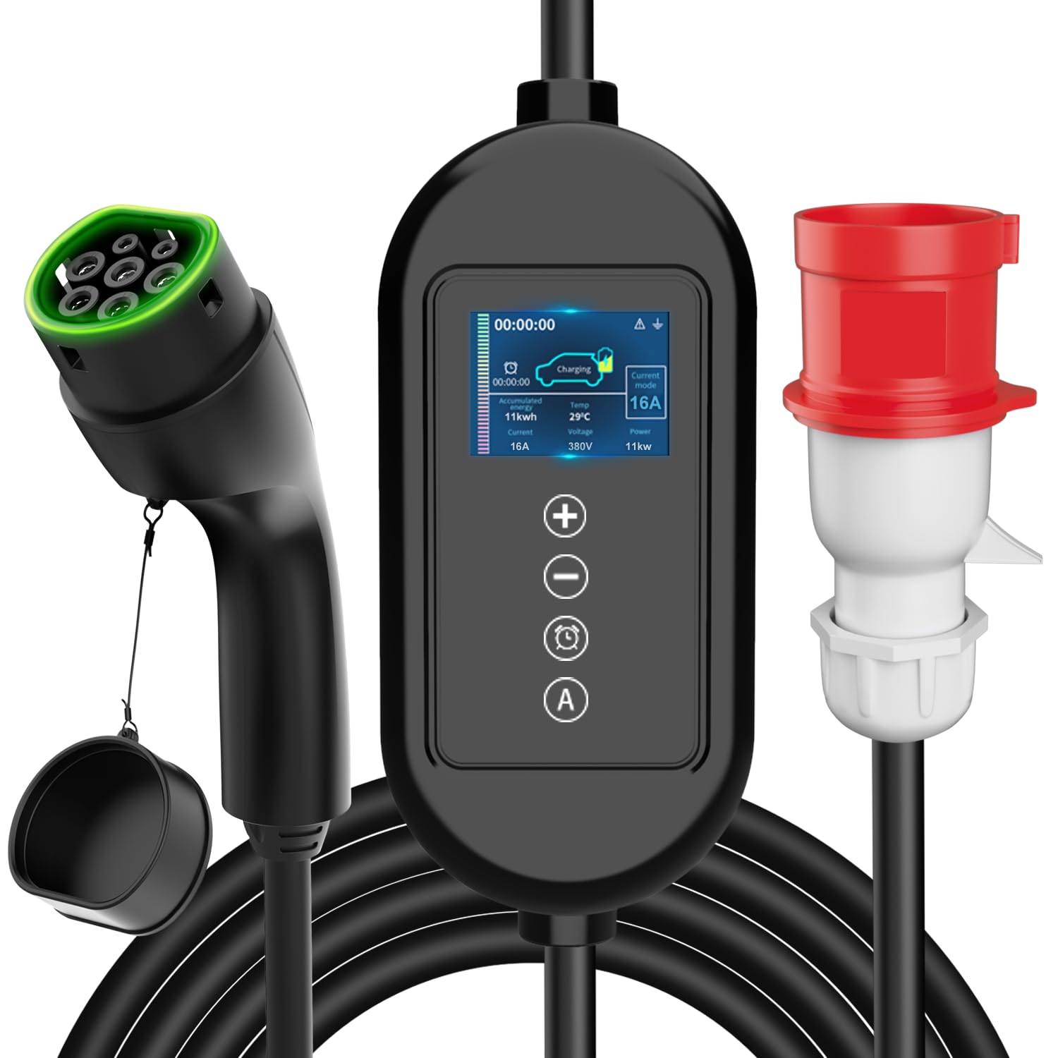 Przenośna ładowarka typu 2, 11 kW, 7,5 m, przenośny kabel do ładowania z 3-fazową wtyczką CEE, regulowany prąd 8-16 A, wodoszczelność IP66, IEC 62196-2