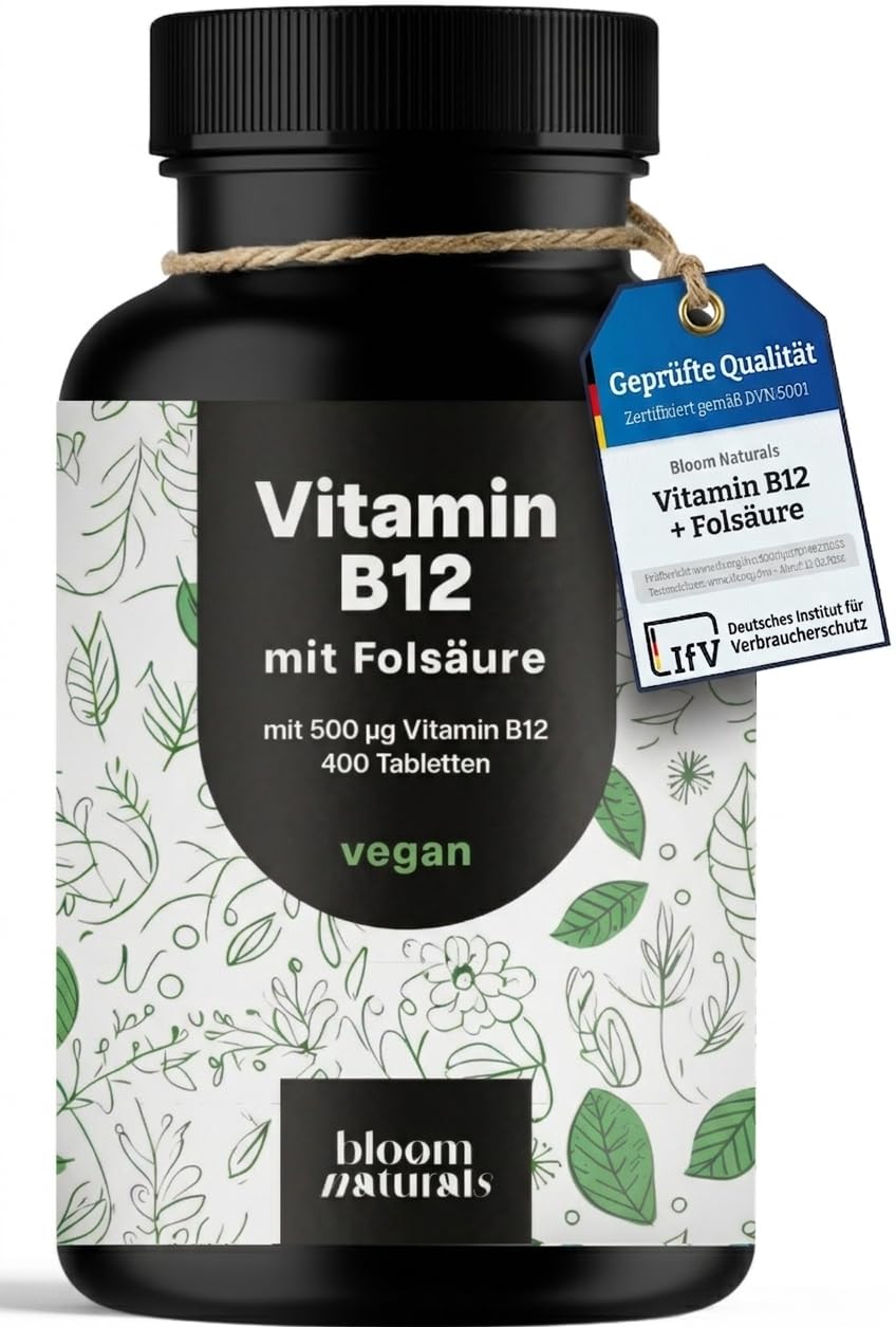 Vitamin B12 hochdosiert - 400 Tabletten mit 500µg Vit B12 + 200µg Folsäure - zertifiziert Laborgeprüft - Vegan & Produziert in Deutschland - Verpackung kann variieren