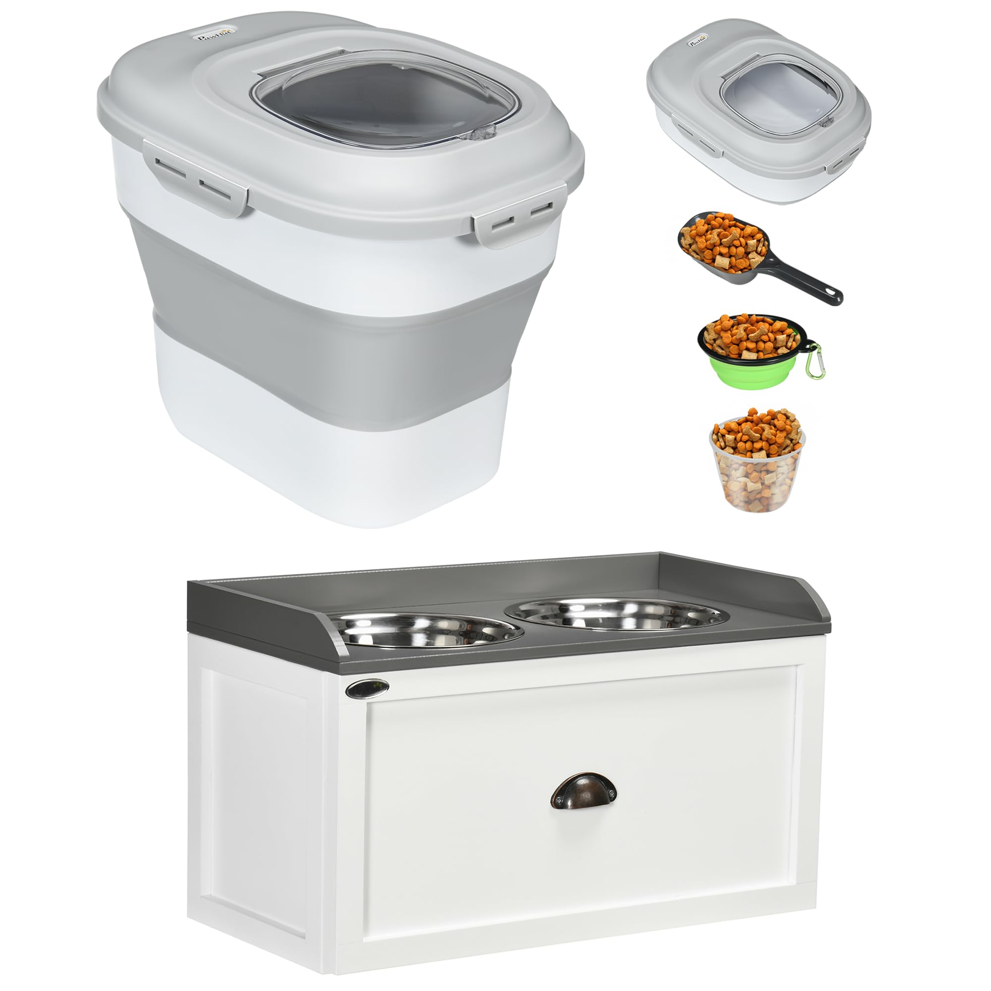 PawHut Conjunto de 1 Comedero Elevado para Perros Grandes con 2 Tazones 2000ml de Acero Inoxidable y 1 Contenedor de Comida para Perros Plegable 25L con Ruedas Taza Medidora Blanco y Gris