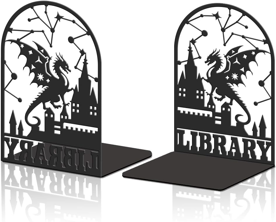 2pcs Dragon Castle Book Ends Decorative Large Bookends Used on Desk Black Non-Slip Metal Bookend for Office Heavy Books Textbook Shelves